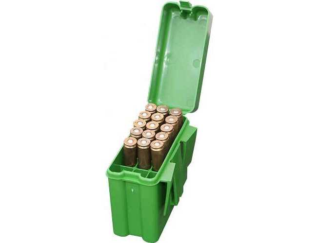 Коробка MTM RM-20 на 20 патронов кал. 22-250 Rem; 243 Win; 6 mm BR Norma;  6,5x55;  30-30 Win; 7,62x39 и 308 Win. Цвет – зеленый